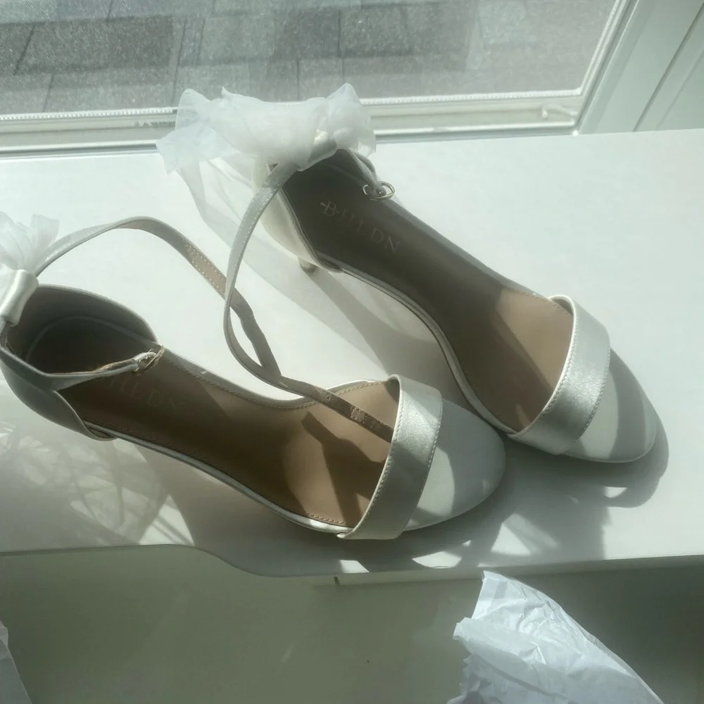 BHLDN White Satin Bow Ankle Strap Heels